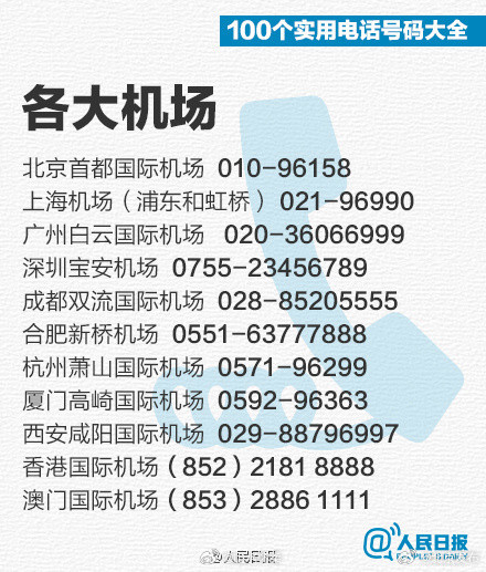 春运返程必备！100个实用电话号码大全
