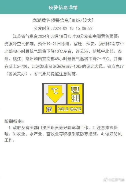 江苏发布寒潮黄色预警，雨雪要来了！