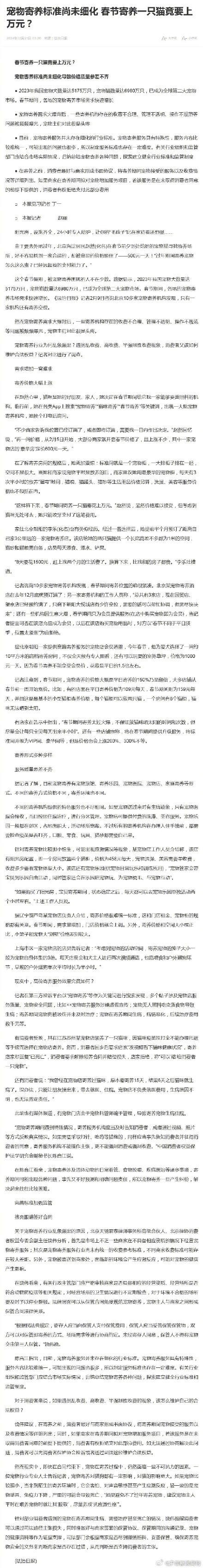 宠物寄养标准尚未细化 春节寄养一只猫要上万元？