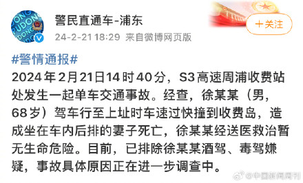男子车速过快撞到收费岛致妻子死亡，排除酒驾毒驾