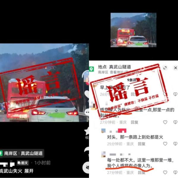 官方辟谣“重庆真武山失火，疑似人为纵火”：系周边焚烧产生烟雾
