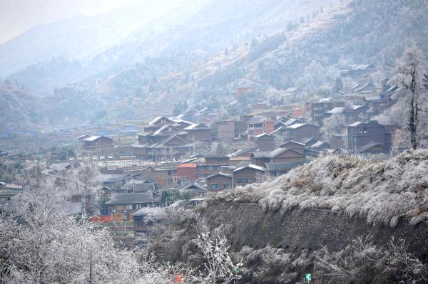 雾凇冰挂扮美青曼苗寨 雾凇冰挂扮美青曼苗寨