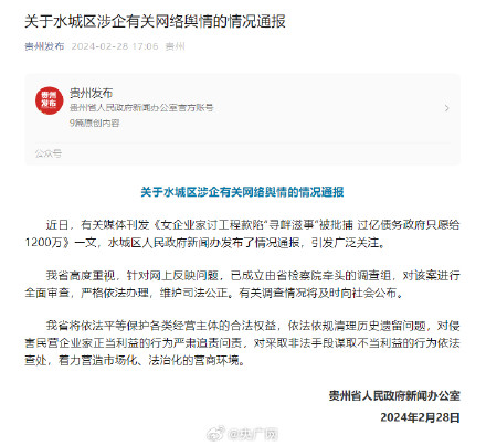女企业家讨工程款被捕 贵州成立调查组