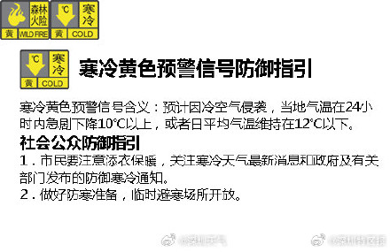 深圳市寒冷黄色预警信号