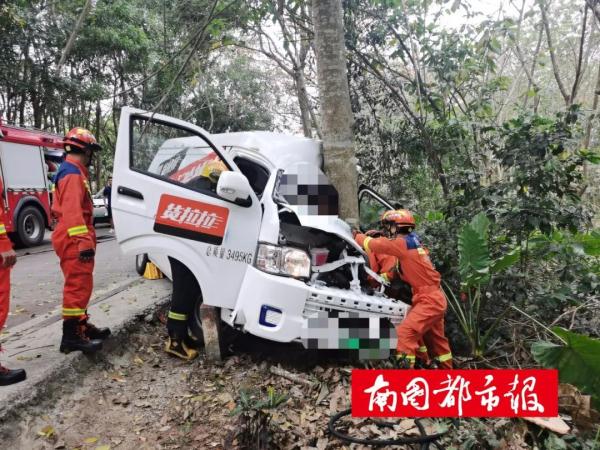 小货车失控撞树，司机被困驾驶室，消防紧急救援→