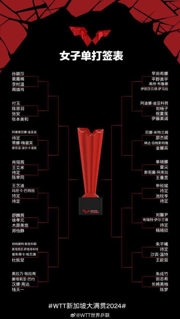 WTT新加坡大满贯赛签表出炉：樊振东、马龙同半区
