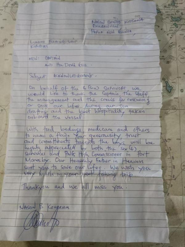 “海上漂流37天”被中国渔船搭救，他们手写感谢信
