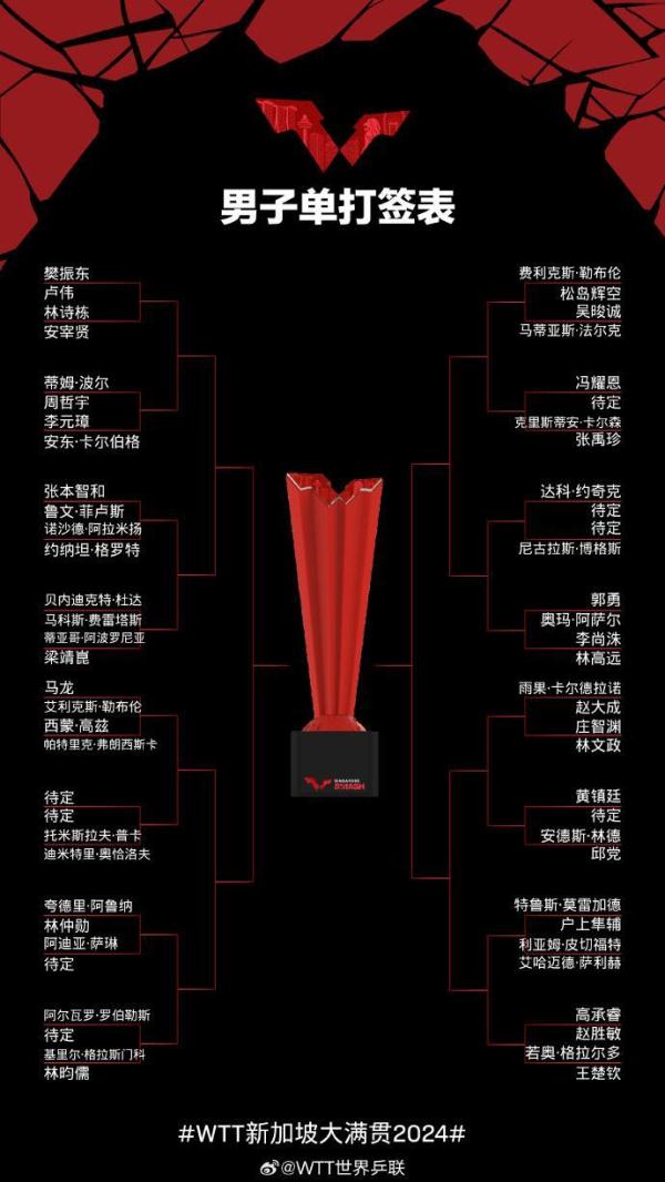 WTT新加坡大满贯赛签表出炉：樊振东、马龙同半区