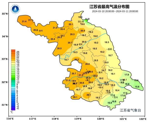 今天江苏省最高21.4℃！本周气温将呈波动性上升趋势！