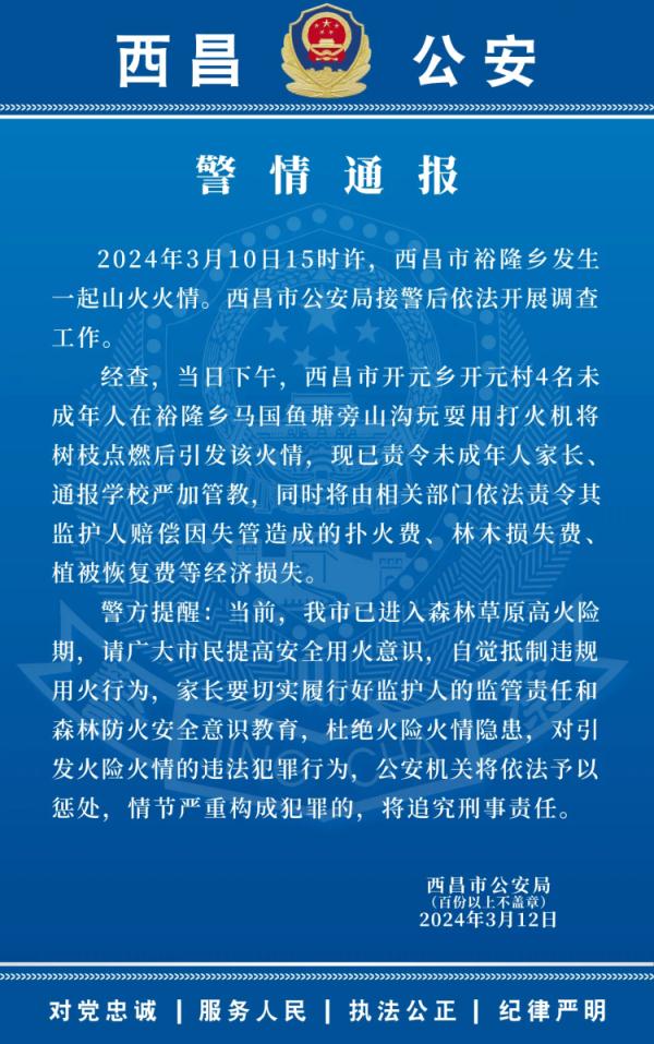 西昌裕隆乡4名未成年人玩耍引发火情 已责令监护人赔偿损失