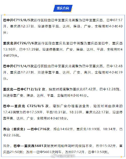 注意！今起巴中火车站部分列车运行有变