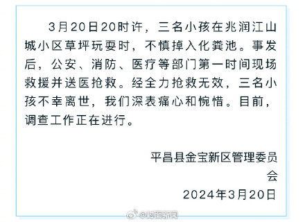 当地官方：掉化粪池身亡3小孩均系4岁左右
