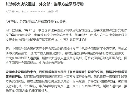 加沙停火决议通过 中国等14个安理会成员赞成，美国弃权