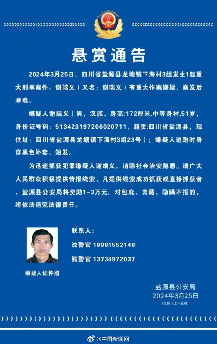 四川警方悬赏缉拿重大刑案嫌犯