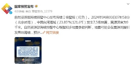 自然资源部海啸预警中心发布海啸Ⅰ级警报（红色）