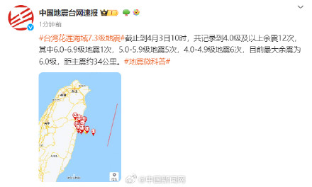 台湾已记录到4.0级及以上余震12次 台湾已记录到4.0级及以上余震12次
