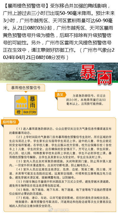 暴雨今继续,广州越秀、天河暴雨预警信号升级为橙色 暴雨今继续,广州越秀、天河暴雨预警信号升级为橙色
