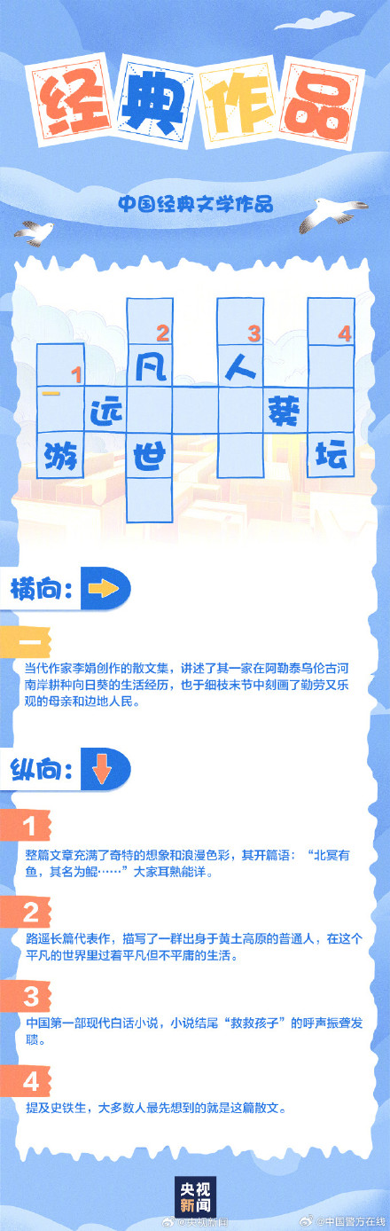 敢不敢挑战文学常识填字游戏！