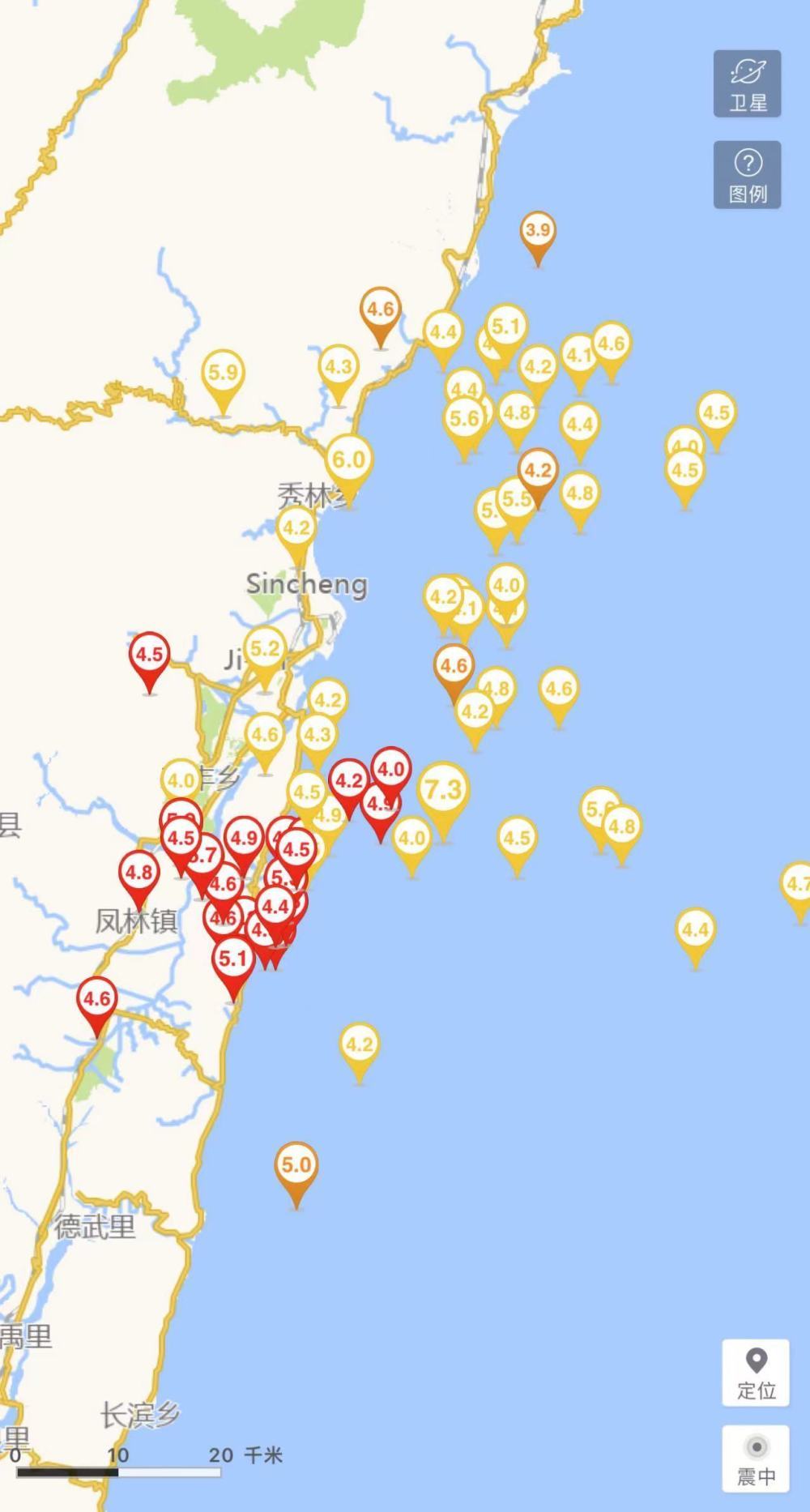 台湾花莲连发4级及以上地震26次 均为7.3级地震余震