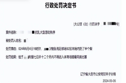 主场输球心态失衡，大连球迷扔半个梨被拘7日