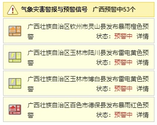 广西多地发布红色预警!多个地市有暴雨到大暴雨、雷暴冰雹 广西多地发布红色预警!多个地市有暴雨到大暴雨、雷暴冰雹