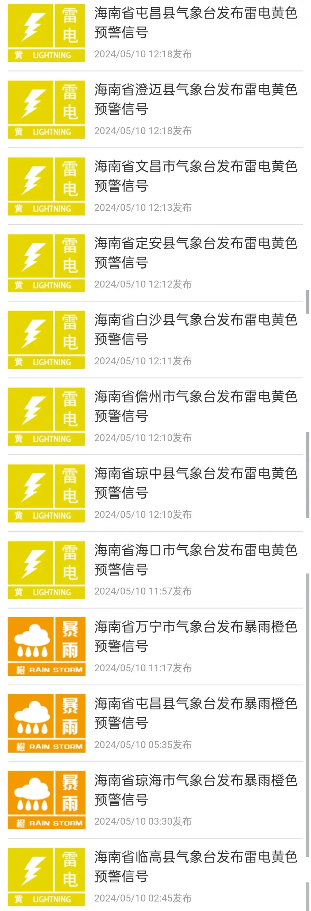海南多地发布雷电、暴雨预警信号！未来几天天气→