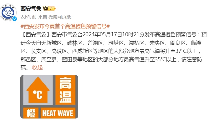 最高气温35℃以上！陕西发布今年首个高温预警