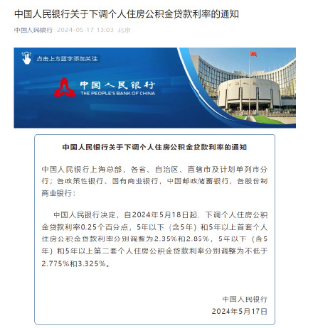 央行下调个人住房公积金贷款利率0.25个百分点