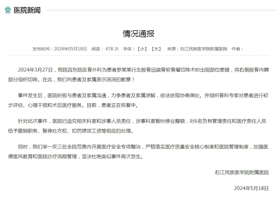 体育生左膝长骨瘤医生错切右膝!医院通报:6人被处理 体育生左膝长骨瘤医生错切右膝!医院通报:6人被处理