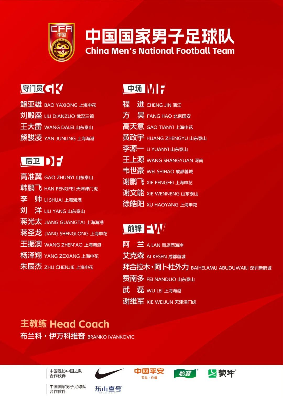 国足公布6月世预赛大名单！