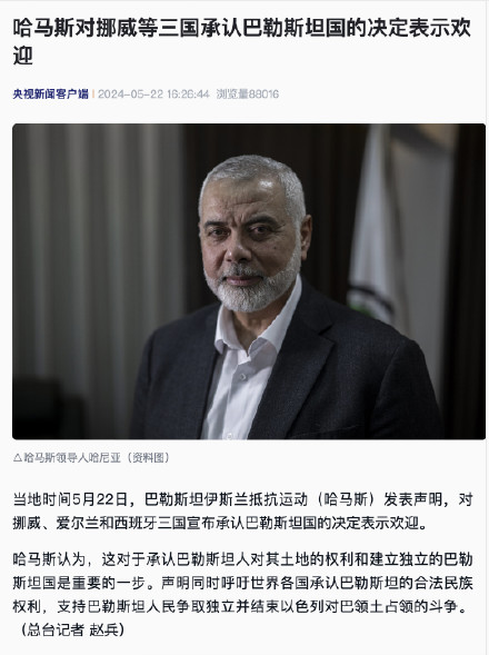 哈马斯对挪威等三国承认巴勒斯坦国的决定表示欢迎