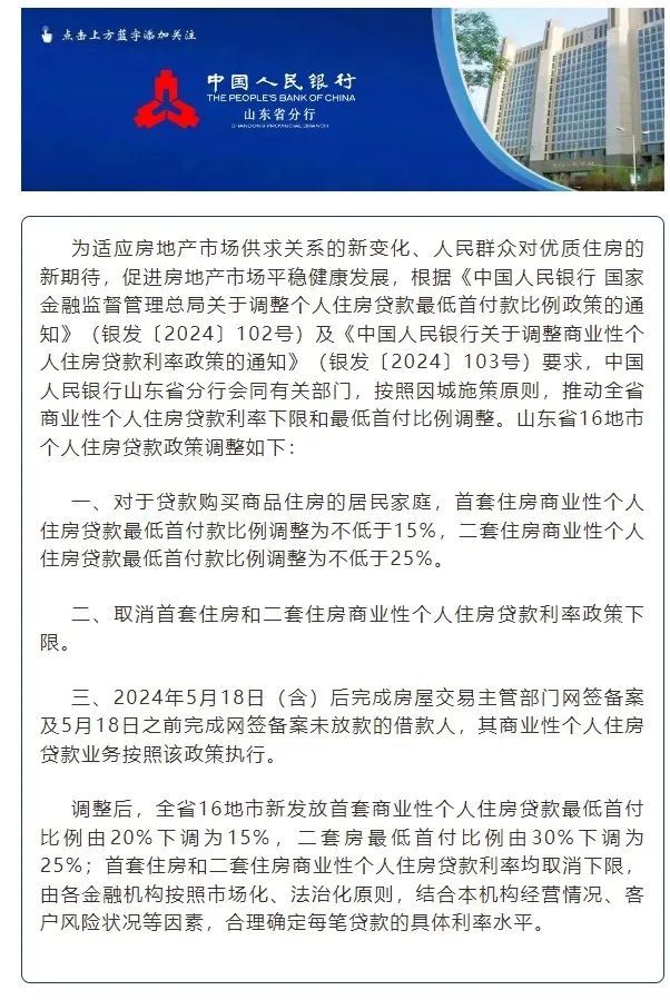 最新!山东调整16市个人住房贷款政策 最新!山东调整16市个人住房贷款政策