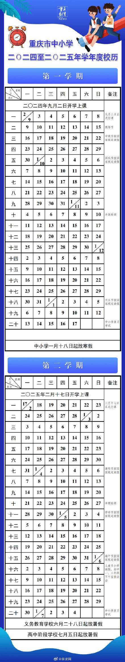 重庆下学期9月2日开学行课!2024-2025年学年度校历来了 重庆下学期9月2日开学行课!2024-2025年学年度校历来了