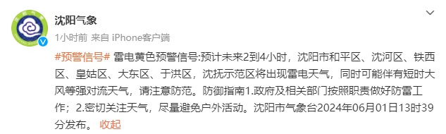 沈阳发布雷电黄色预警信号!预计未来2到4小时… 沈阳发布雷电黄色预警信号!预计未来2到4小时…
