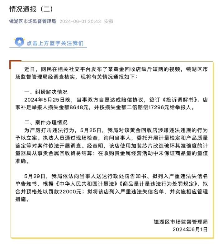 安徽芜湖再通报“黄金回收店鬼秤”：顶格罚款！列入严重违法失信名单！