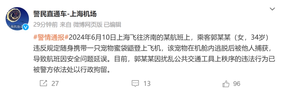 行拘！乘客带蜜袋鼯上机致航班延误，警方通报→