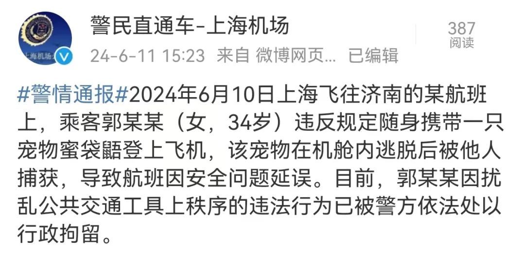 虹桥机场一航班因宠物逃跑，致全体旅客下机？警方：女子违规携带蜜袋鼯被行拘