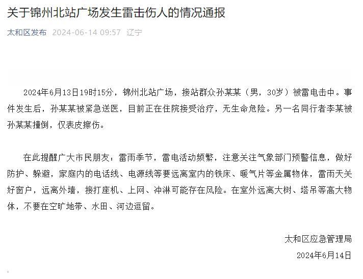 辽宁锦州北站广场发生雷击伤人,官方通报 辽宁锦州北站广场发生雷击伤人,官方通报