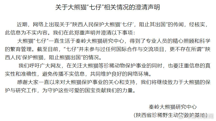 秦岭大熊猫研究中心:“陕西人民阻止‘七仔’出国”传闻不实 秦岭大熊猫研究中心:“陕西人民阻止‘七仔’出国”传闻不实