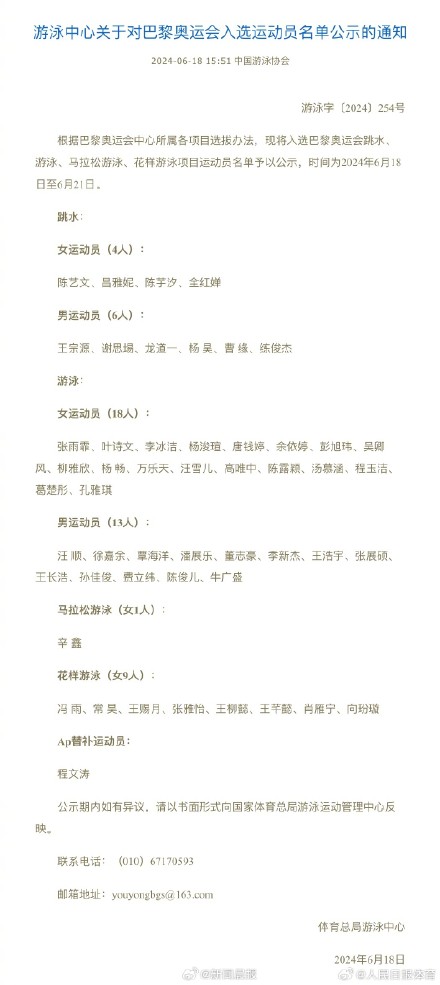 泳协公示巴黎奥运名单:全红婵陈芋汐领衔,张雨霏覃海洋在列 泳协公示巴黎奥运名单:全红婵陈芋汐领衔,张雨霏覃海洋在列