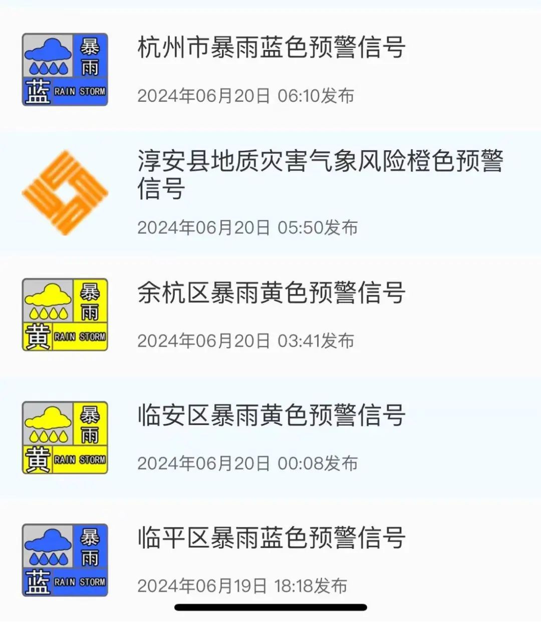杭州一地红色预警！全市10个预警连发