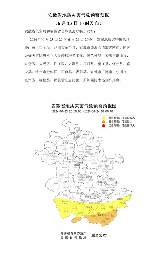 安徽发布地质灾害气象预警预报、山洪灾害气象预警