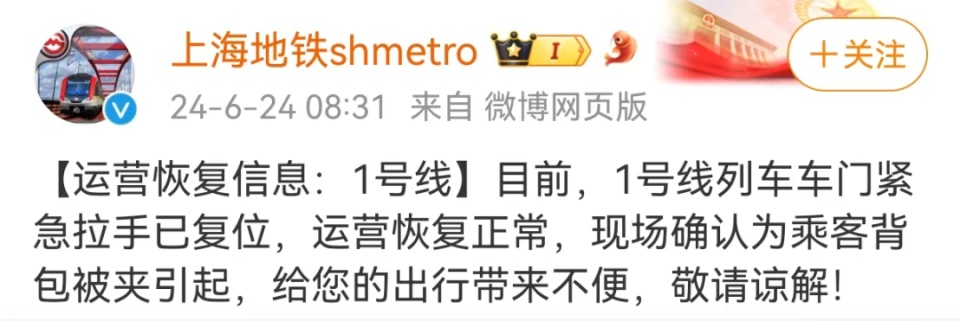 上海地铁1号线列车为何迫停站台？通报来了：有乘客擅自拉下车门紧急拉手