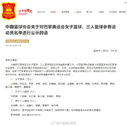 篮协公示巴黎奥运女篮参赛运动员名单