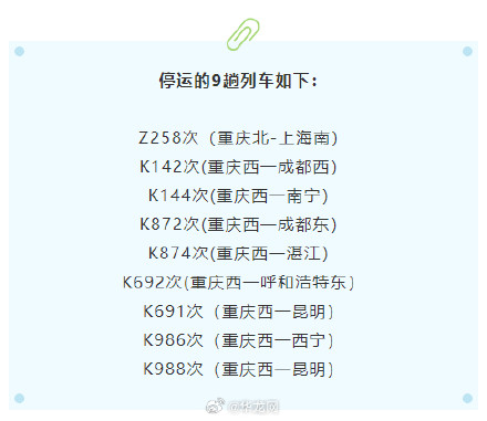 受强降雨影响 重庆火车站26日将停运9趟列车 受强降雨影响 重庆火车站26日将停运9趟列车