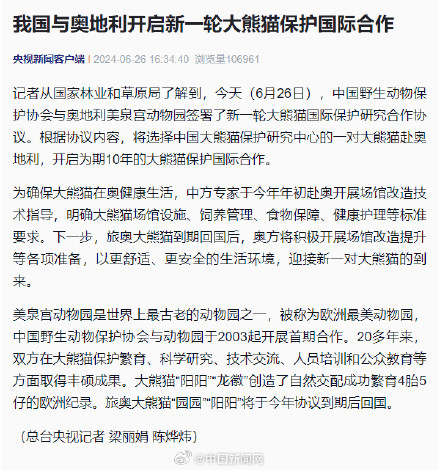 新一对大熊猫将赴奥地利