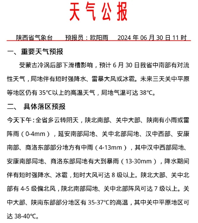 雷电、冰雹、7级阵风 陕西最新预警！