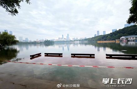 年嘉湖水位上涨拉起警戒线,市民不要靠近临水区域 年嘉湖水位上涨拉起警戒线,市民不要靠近临水区域