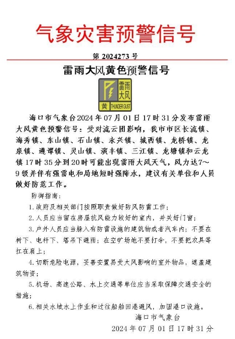 海口发布雷雨大风黄色预警！影响区域、时段→