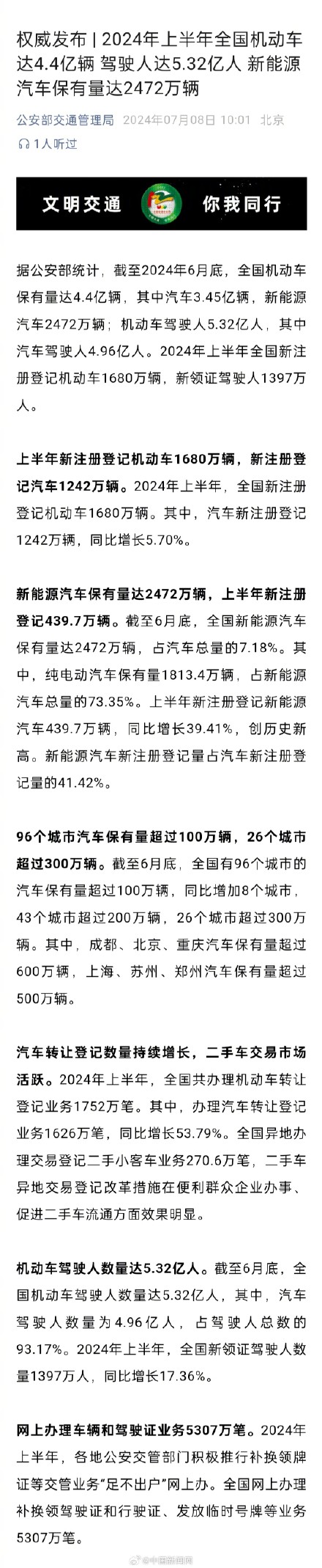 截至2024年6月底，全国机动车保有量4.4亿辆